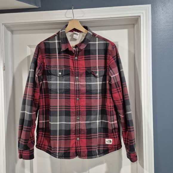The North Face Shirt Jacket Mens Large Red Plaid Campshire Flannel Sherpa Lined - Picture 1 of 11